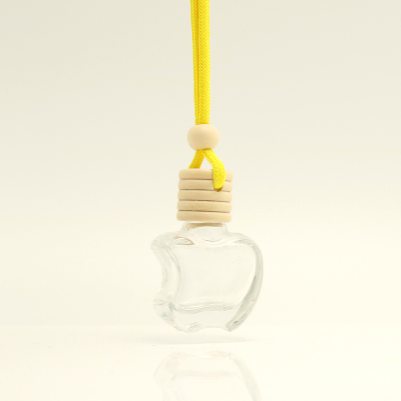 DFG10004 5ml 8ml 10ml clear color apple shape hanging rope wooden cap glass car perfume bottle