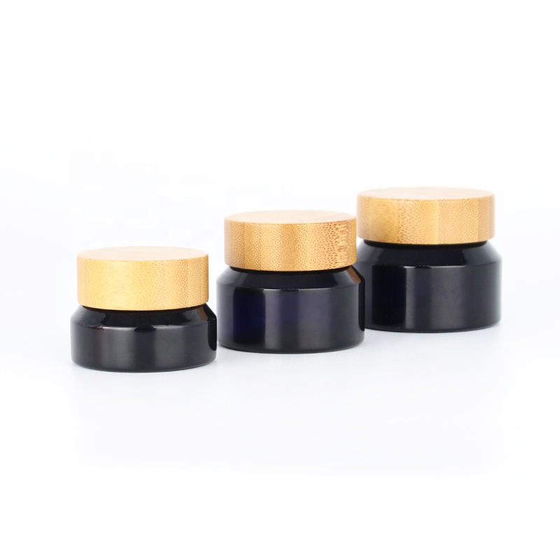 Dark violet glass cream cosmetic jars with bamboo lid china supplier eco friendly