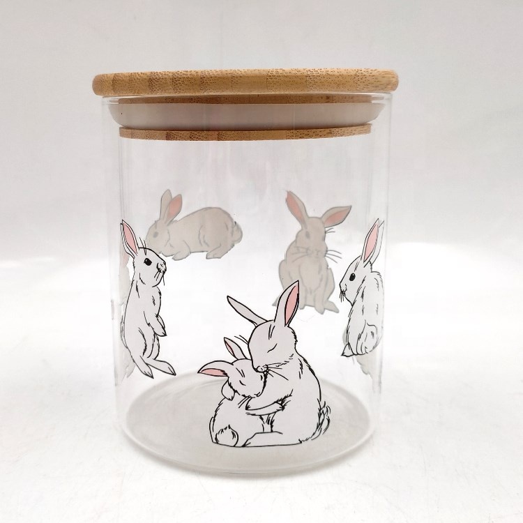 Decal Easter Bunny High Borosilicate Glass Storage Canisters Jars with Bamboo Lid