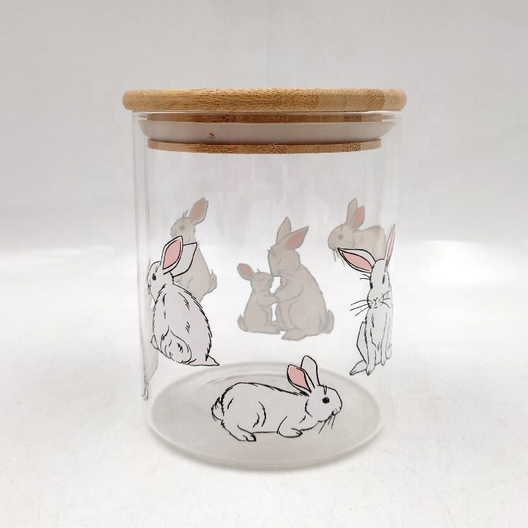 Decal Easter Bunny High Borosilicate Glass Storage Canisters Jars with Bamboo Lid