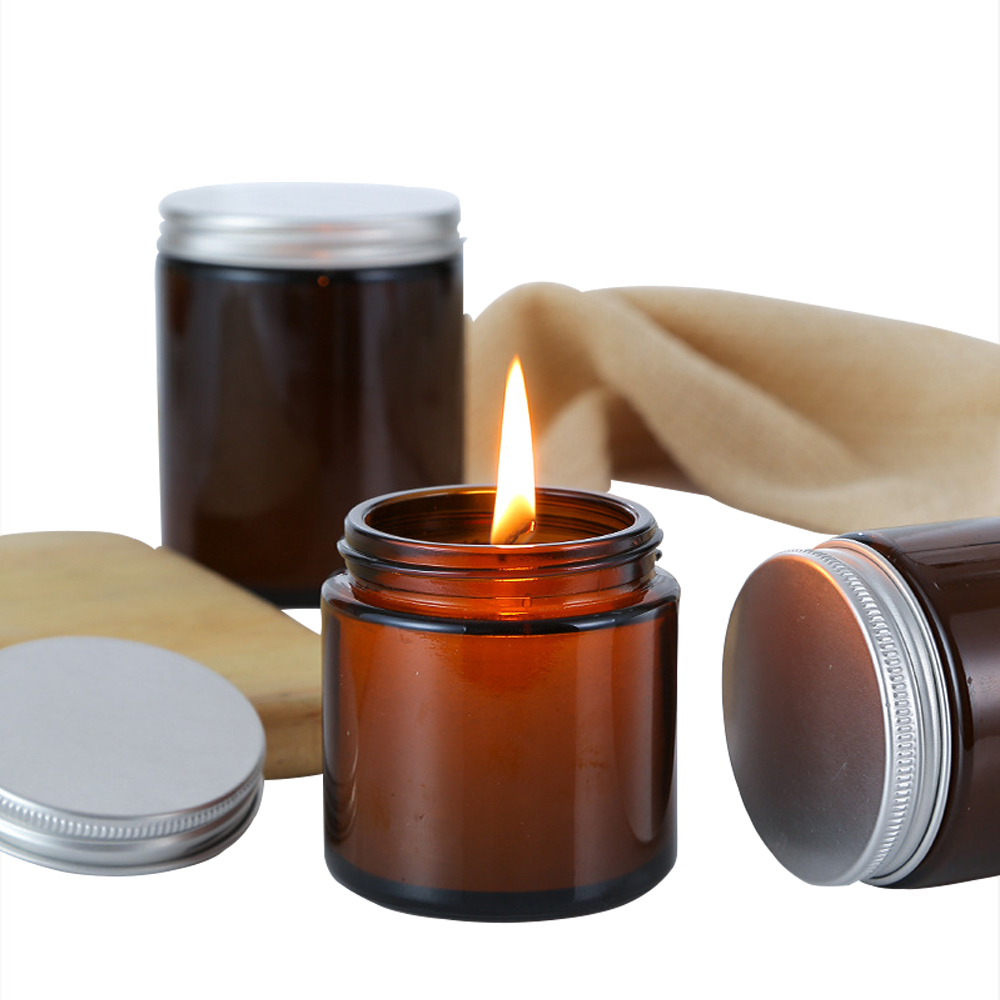 Decorative 100ml 150ml 200ml 300ml Amber Glass Straight Sided Glass Jar With Screw Cap For Scented Candle Soy Candle