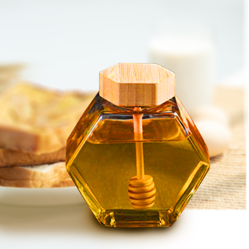 Delicate Appearance Glass Honey Jar With Wooden Lid/Dipper/Sticker Hexagonal Glass Honey Jar