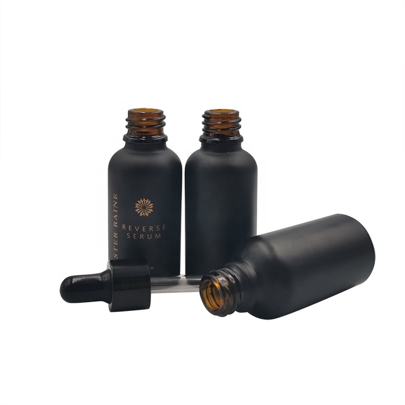 Deodorant perfume use 30ml round frosted black essence glass dropper bottle with pipette