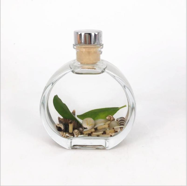 Designer Empty Recycled Premium Simple Flat Round Clear Reed Diffuser Glass Bottle With Screw Cap