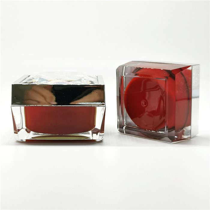 Designer unique shape blue color customized shiny lid thick wall acrylic 30ml 50ml 15ml cosmetic jar square dark red for cream