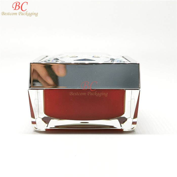 Designer unique shape blue color customized shiny lid thick wall acrylic 30ml 50ml 15ml cosmetic jar square dark red for cream