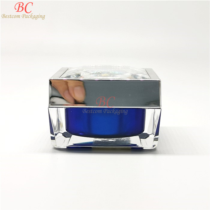 Designer unique shape blue color customized shiny lid thick wall acrylic 30ml 50ml 15ml cosmetic jar square dark red for cream