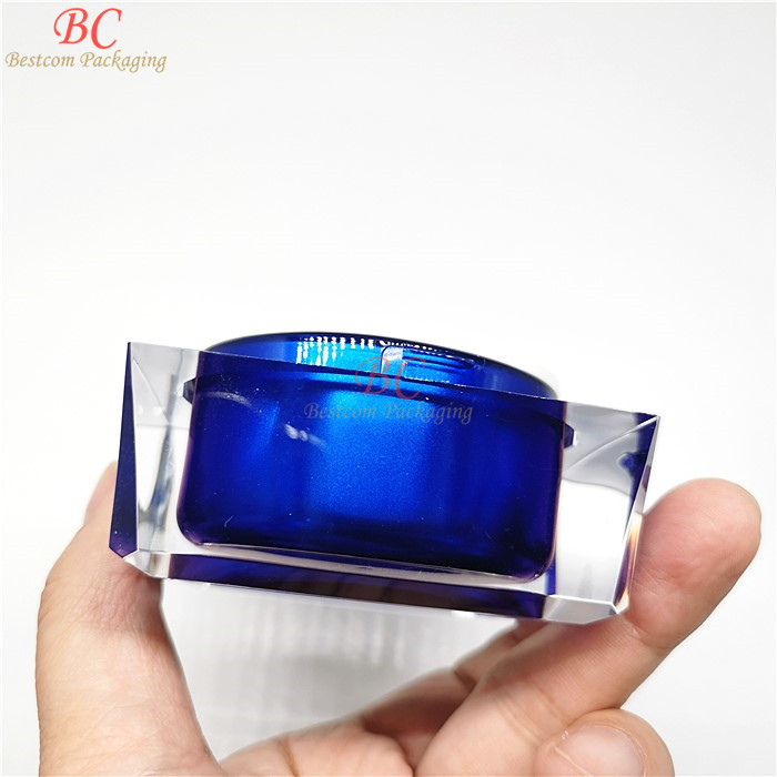 Designer unique shape blue color customized shiny lid thick wall acrylic 30ml 50ml 15ml cosmetic jar square dark red for cream