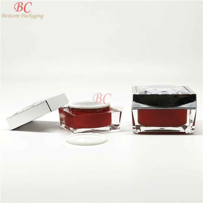 Designer unique shape blue color customized shiny lid thick wall acrylic 30ml 50ml 15ml cosmetic jar square dark red for cream