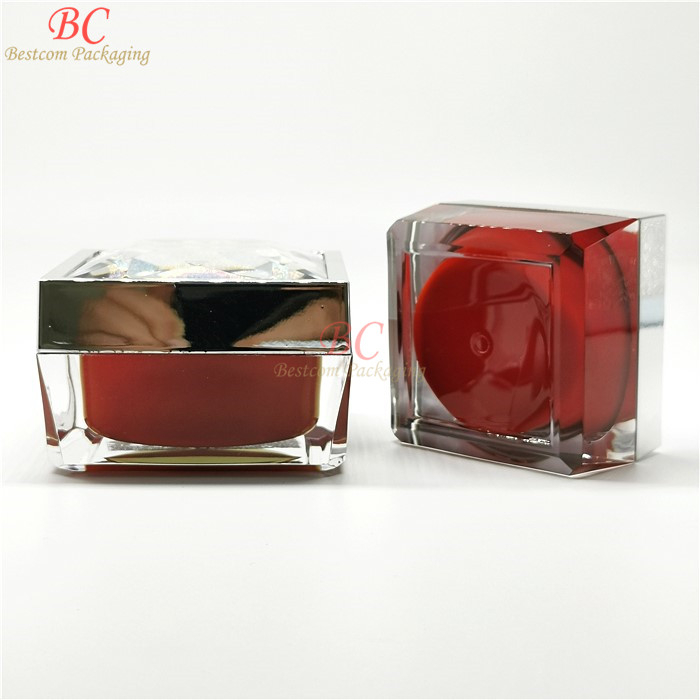 Designer unique shape blue color customized shiny lid thick wall acrylic 30ml 50ml 15ml cosmetic jar square dark red for cream