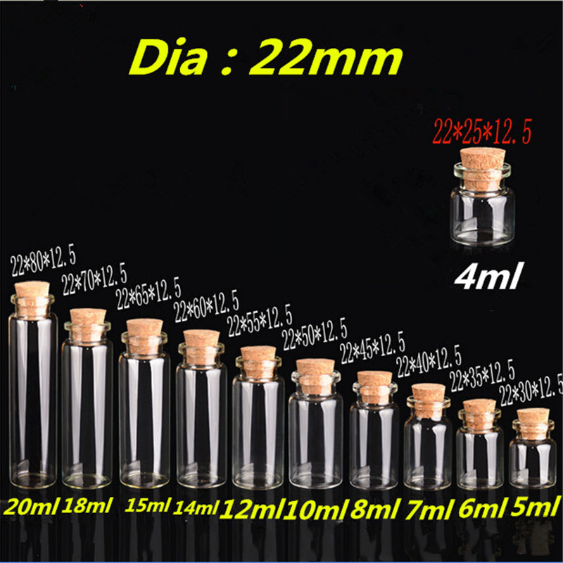 Diameter 22mm Small empty Tiny Glass Bottles with Cork 4ml 5ml 6ml 7ml 8ml 10ml 12ml 14ml 15ml 18ml 20ml Bottles Crafts Jar