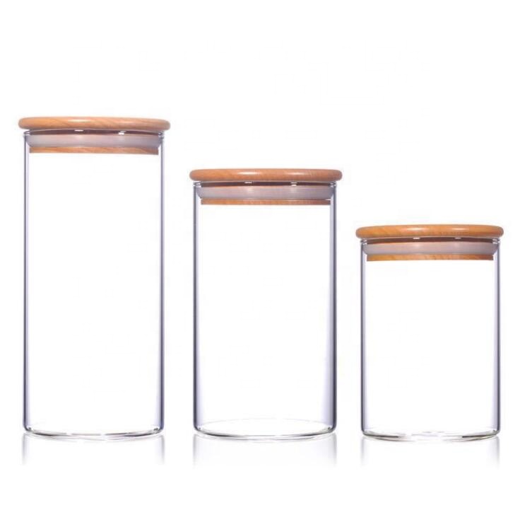 Diameter 55mm Clear Transparent High Borosilicate Tube Glass Storage Jars with Bamboo Lids