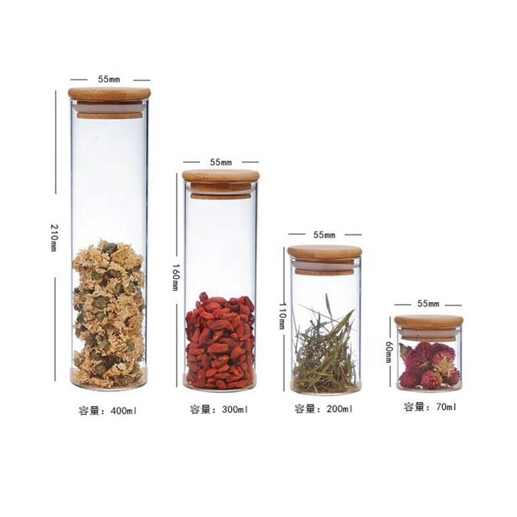 Diameter 55mm Clear Transparent High Borosilicate Tube Glass Storage Jars with Bamboo Lids