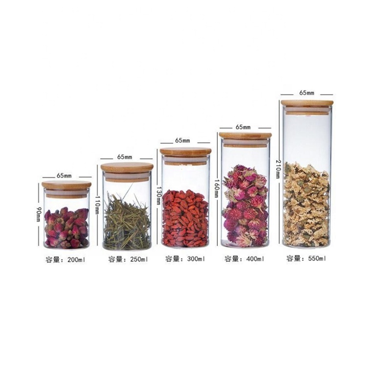 Diameter 55mm Clear Transparent High Borosilicate Tube Glass Storage Jars with Bamboo Lids