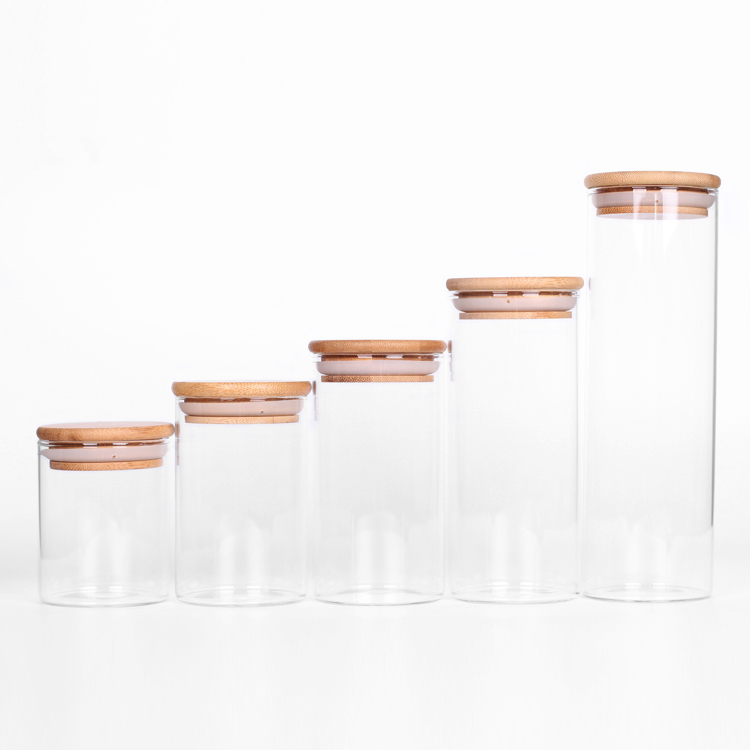 Diameter 65 Wholesale customized bamboo cover  food storage flower tea high borosilicate glass jar