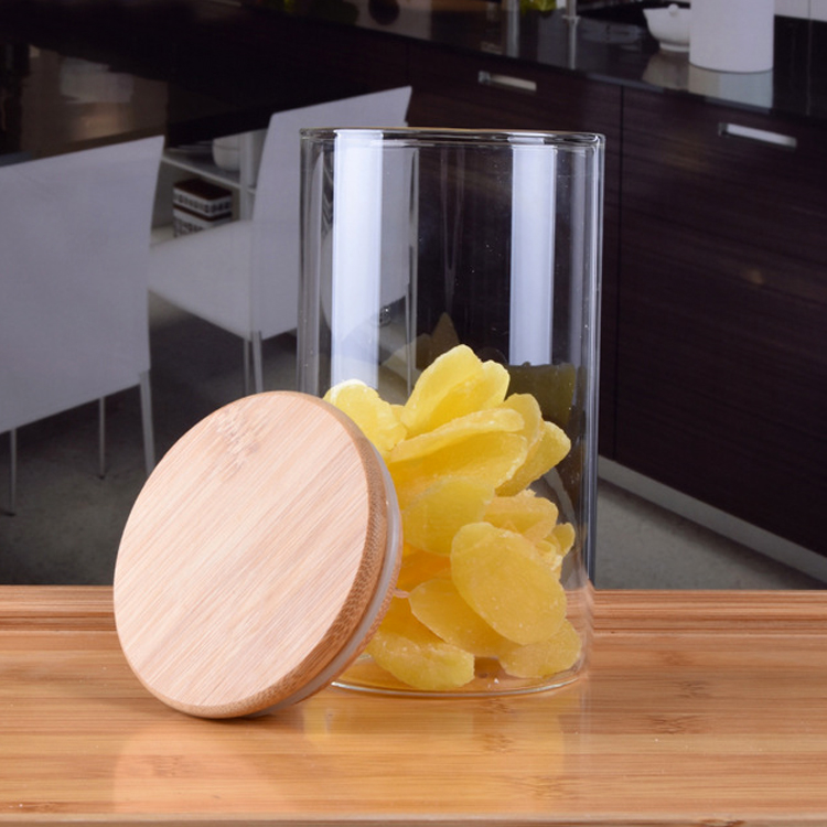 Diameter 65 Wholesale customized bamboo cover food storage flower tea high borosilicate glass jar