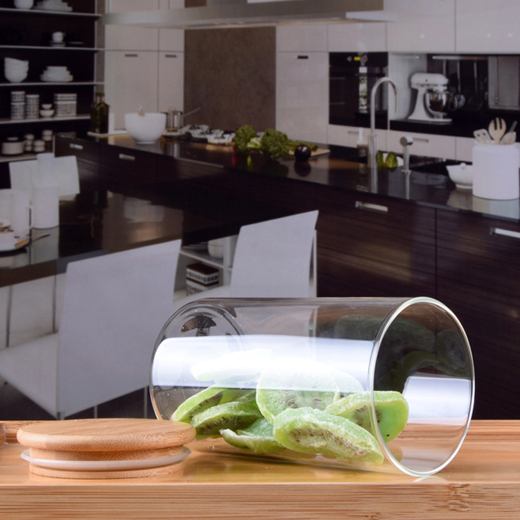 Diameter 65 Wholesale customized bamboo cover food storage flower tea high borosilicate glass jar