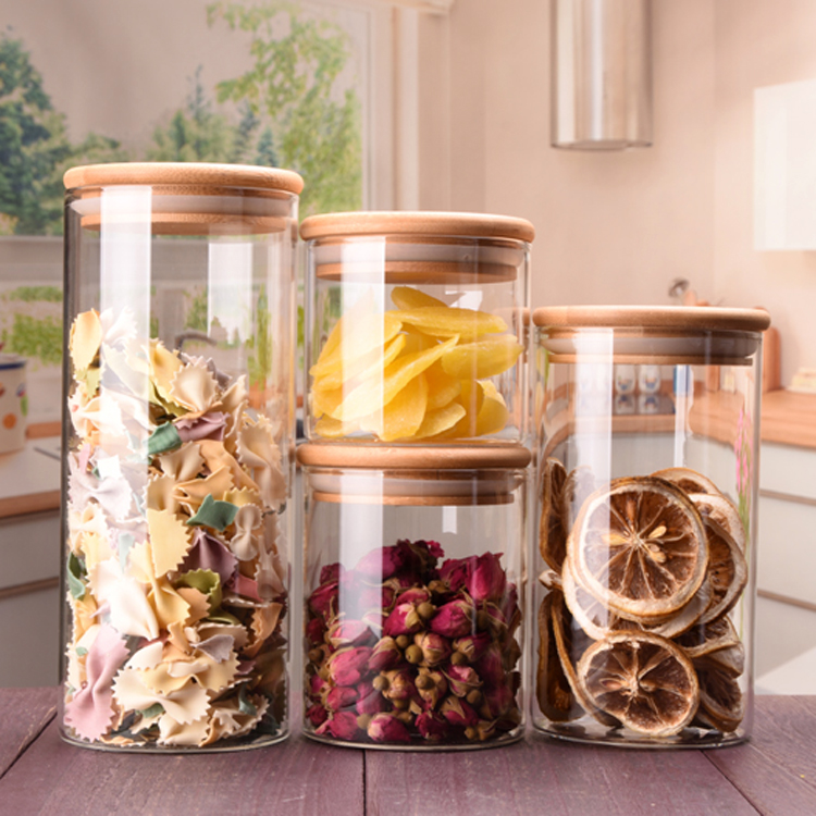 Diameter 65 Wholesale customized bamboo cover food storage flower tea high borosilicate glass jar