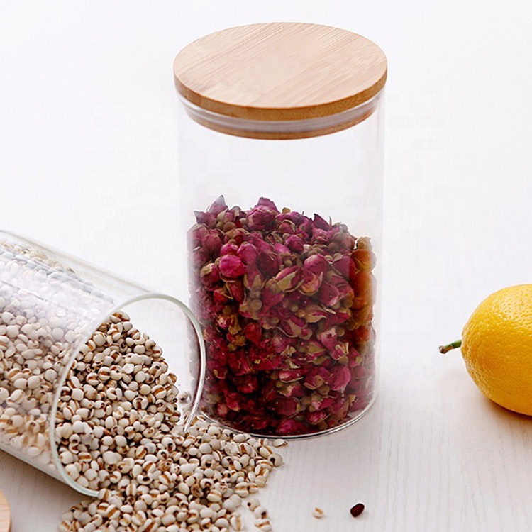 Different Sizes Straight Round Wholesale Kitchen Food Storage Glass Jar with bamboo Lid