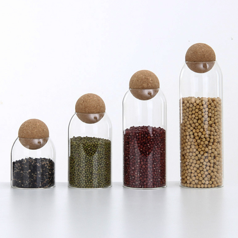 Different sizes shape high borosilicate food packaging wooden lid kitchen storage glass jar
