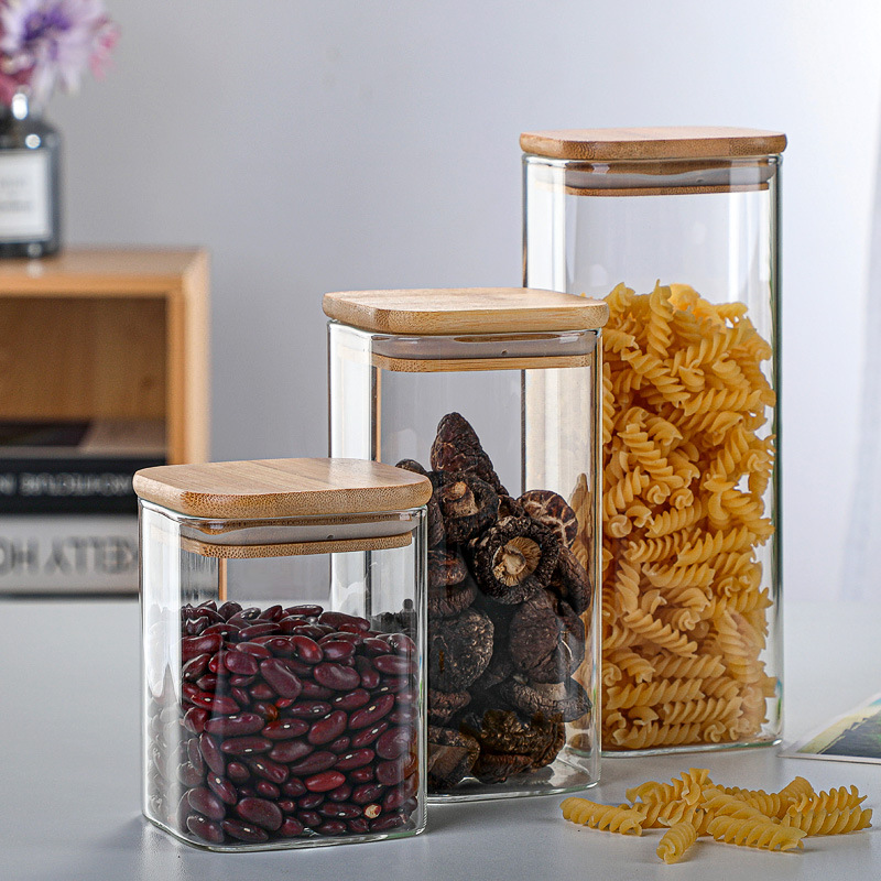 Different sizes shape high borosilicate food packaging wooden lid kitchen storage glass jar