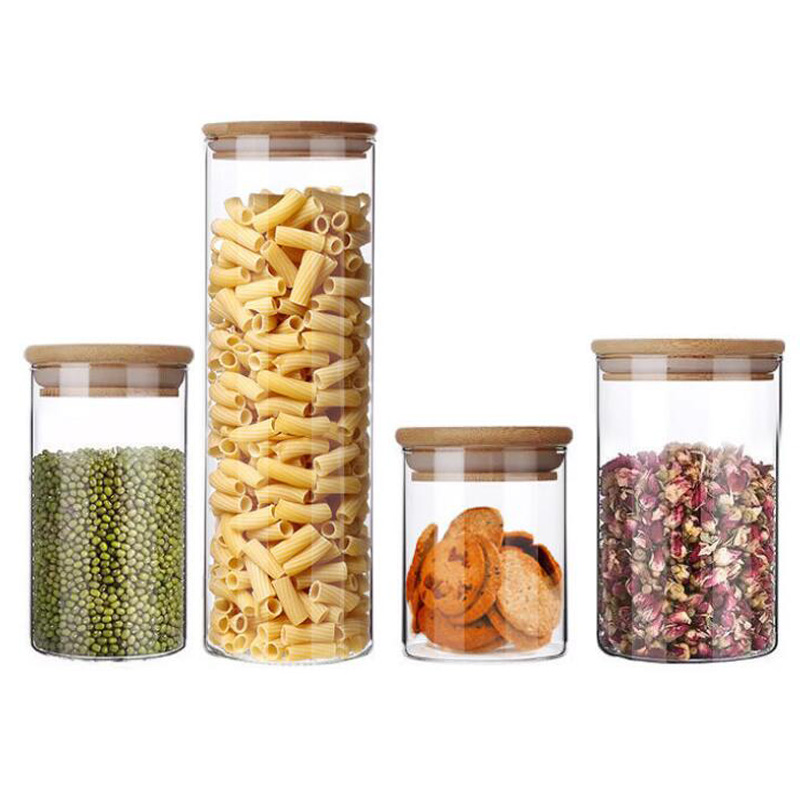Different sizes shape high borosilicate food packaging wooden lid kitchen storage glass jar