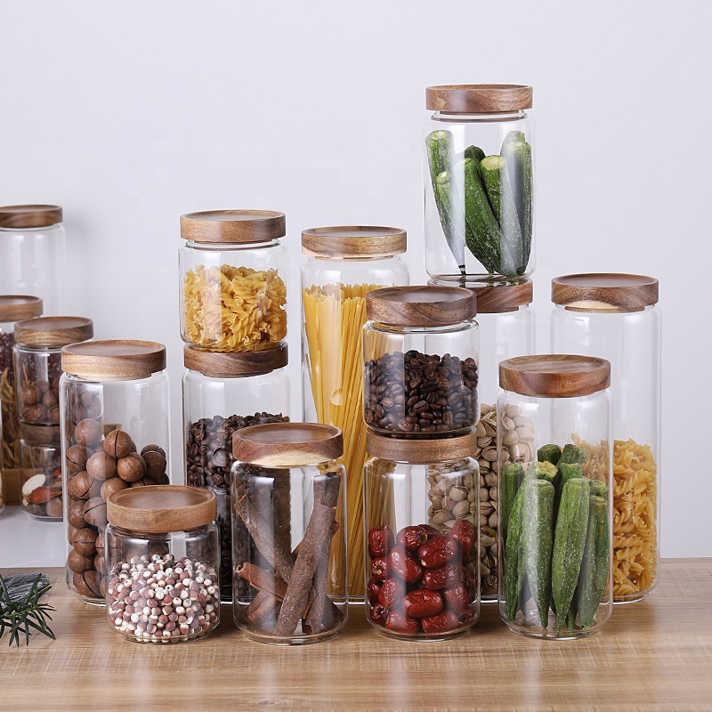 Different sizes spice storage glass canister with acacia wood lid