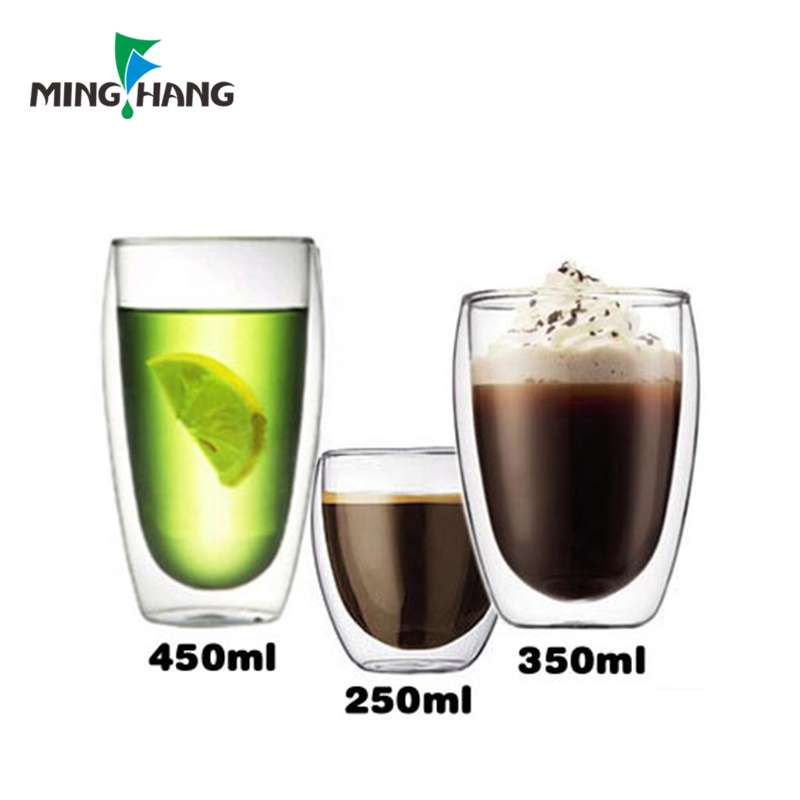 Double-wall 250ml 350ml 450ml borosilicate glass water mug coffee tea cup with bamboo lid