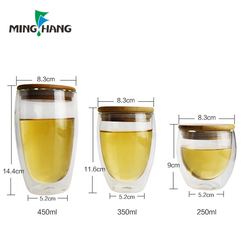 Double-wall 250ml 350ml 450ml borosilicate glass water mug coffee tea cup with bamboo lid