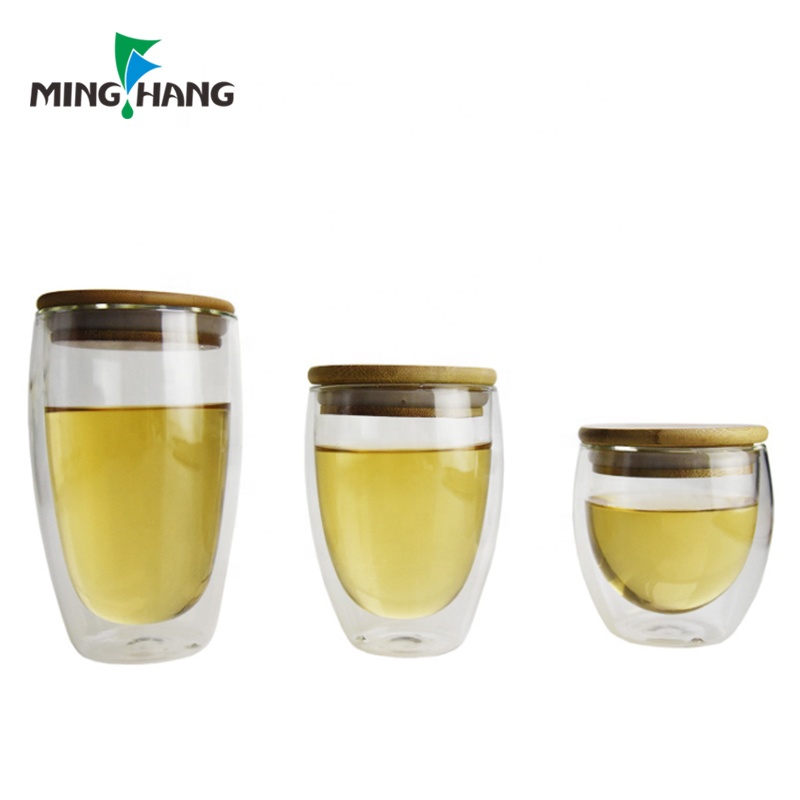 Double-wall 250ml 350ml 450ml borosilicate glass water mug coffee tea cup with bamboo lid