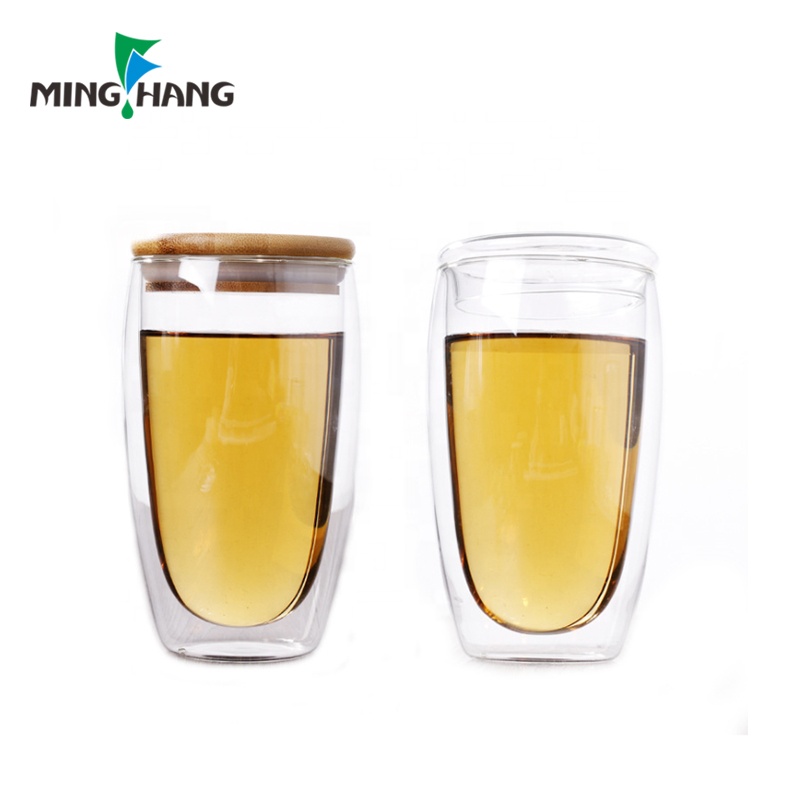 Double-wall 250ml 350ml 450ml borosilicate glass water mug coffee tea cup with bamboo lid