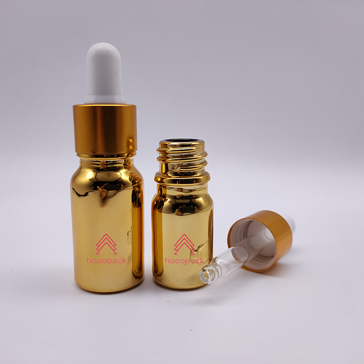Drooper Bottle Essential Oil Glass 5ml 10ml 20ml Golden Dropper Plastic Cosmetic Skin Care Packaging Screen Printing