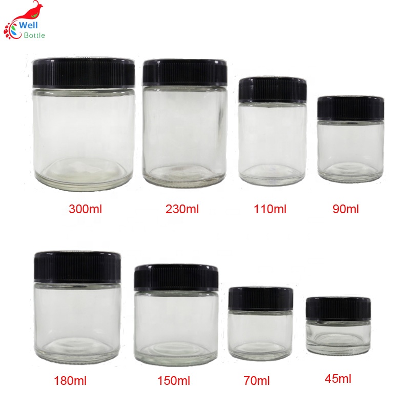Dry herb jar 3ml 5ml 7ml 9ml 45ml 70ml 90ml 110ml 150ml 180ml 230ml 300ml clear childproof glass jar with childproof cap GJ-888S