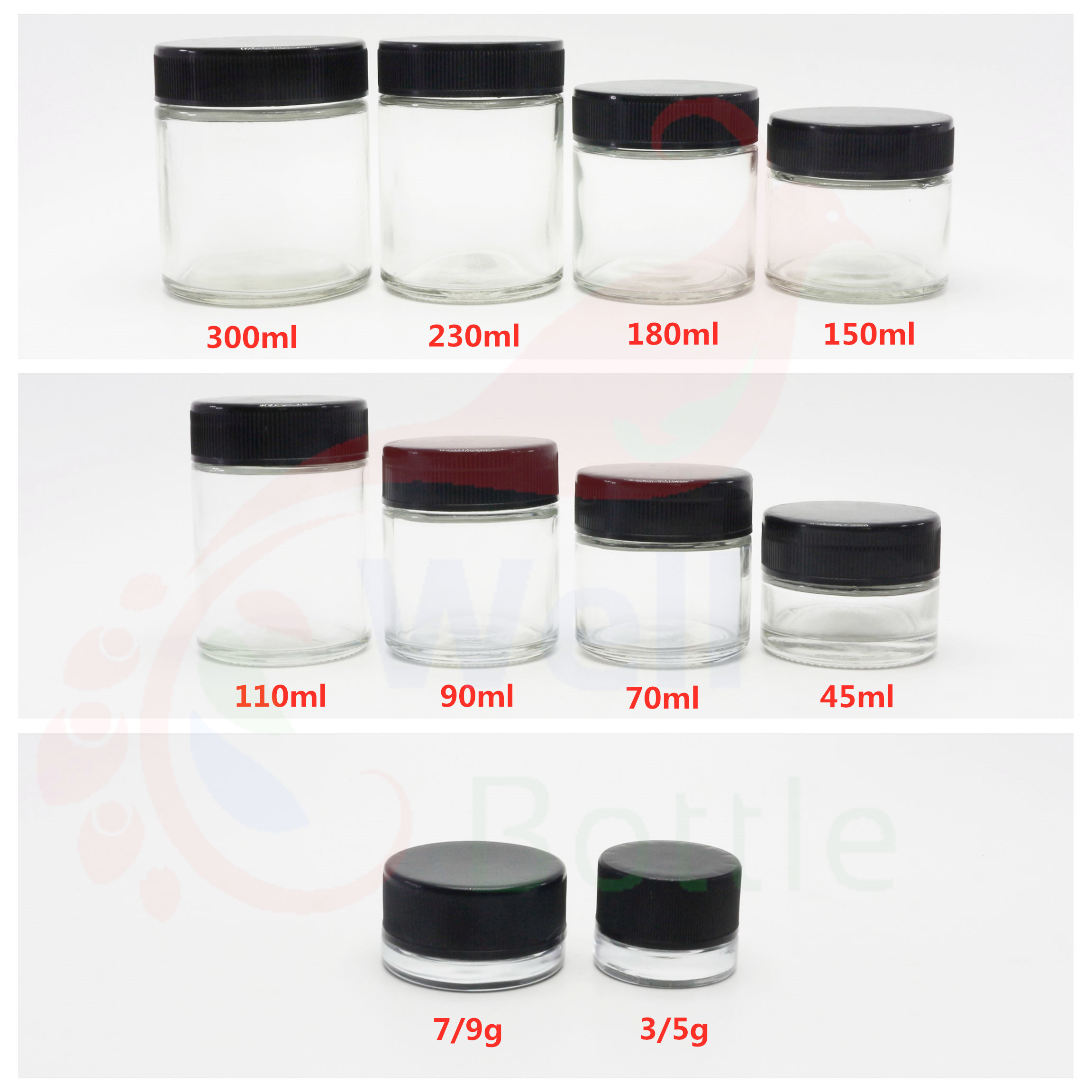 Dry weed 5ml 50ml 70ml 110ml 150ml 220ml For Weeds CBD transparent childproof glass flower jar with child proof lid CF-43AN