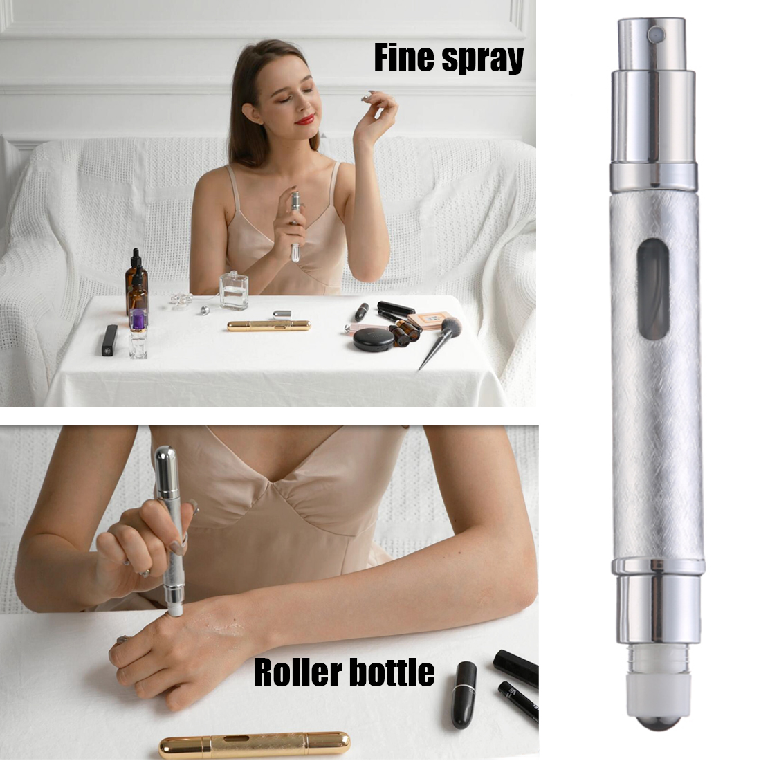 Dual Use Empty Refillable 10ml Aluminum Bottle 5ml Pocket Spray Perfume Atomizers&5ml Metal Leakproof Roller Parfum Oil Bottle