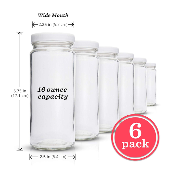 Durabl Eco Friendly BPA Free Reusable Clear Glass Bottles Wide Mouth with Lids for Honey Smoothies 16 oz glass jar
