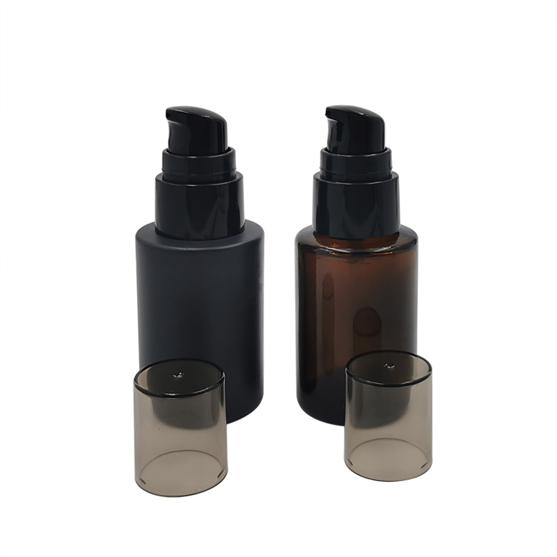 Dust proof cap 30ml 1oz black amber glass lotion pump bottle for cosmetic packaging