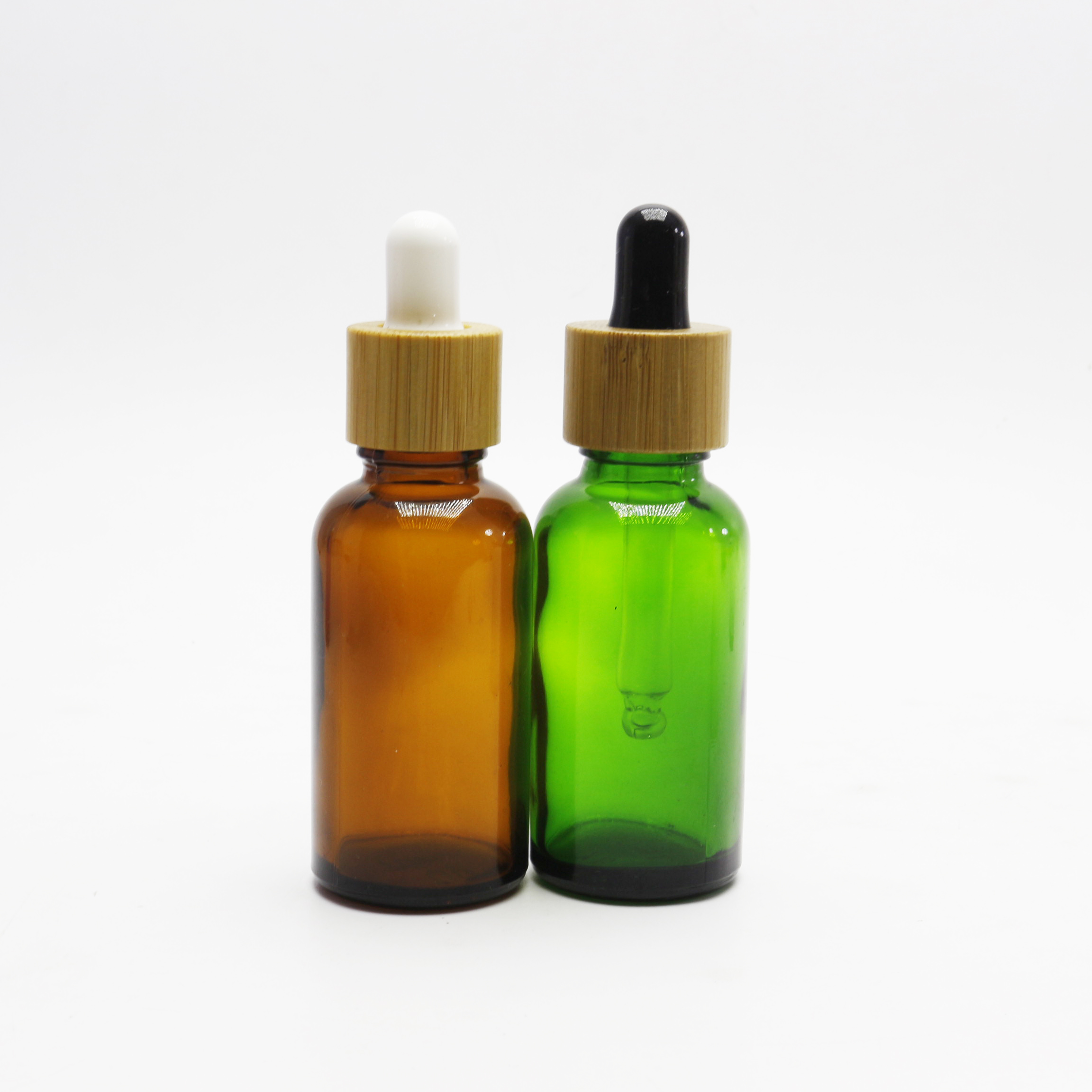 E liquid Essential oil bottle 20ml 30ml 50ml Luxury bamboo lid amber green glass dropper bottle with bamboo cap DB-85AN