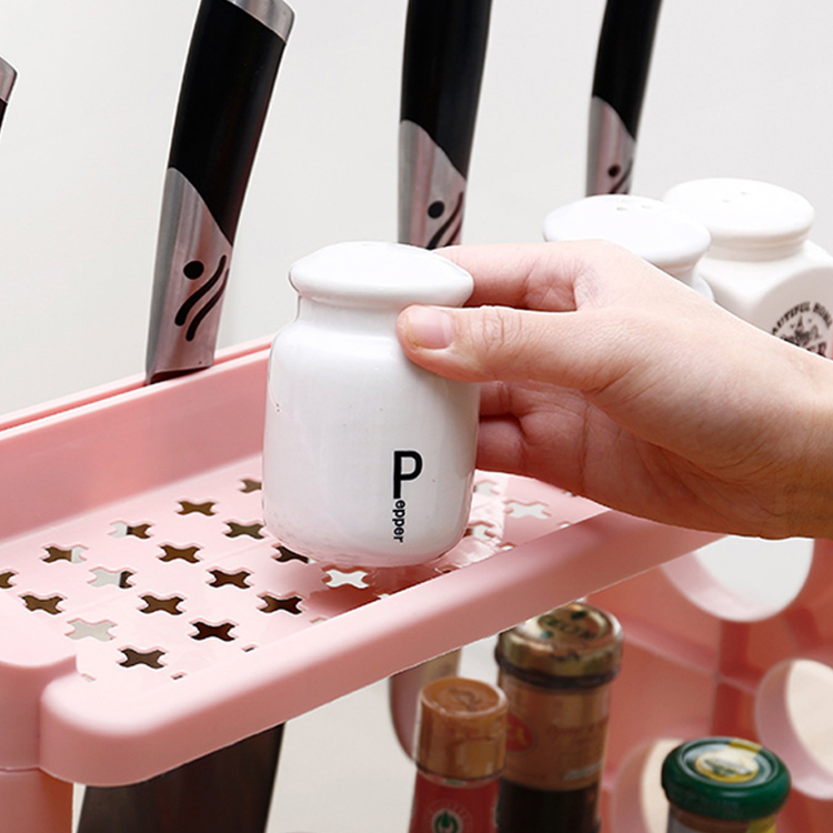 E1677 Multifunction Simple Plastic Double Spice Bottle Knives Storage Rack Plastic Kitchen Dish Bowl Drain Knife Storage Baskets