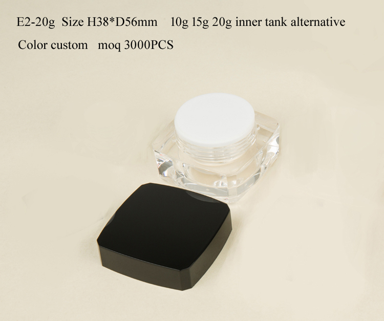 E2 20g in stock ready to ship UV coated black lid transparent body empty square basic plastic cosmetic cream jar