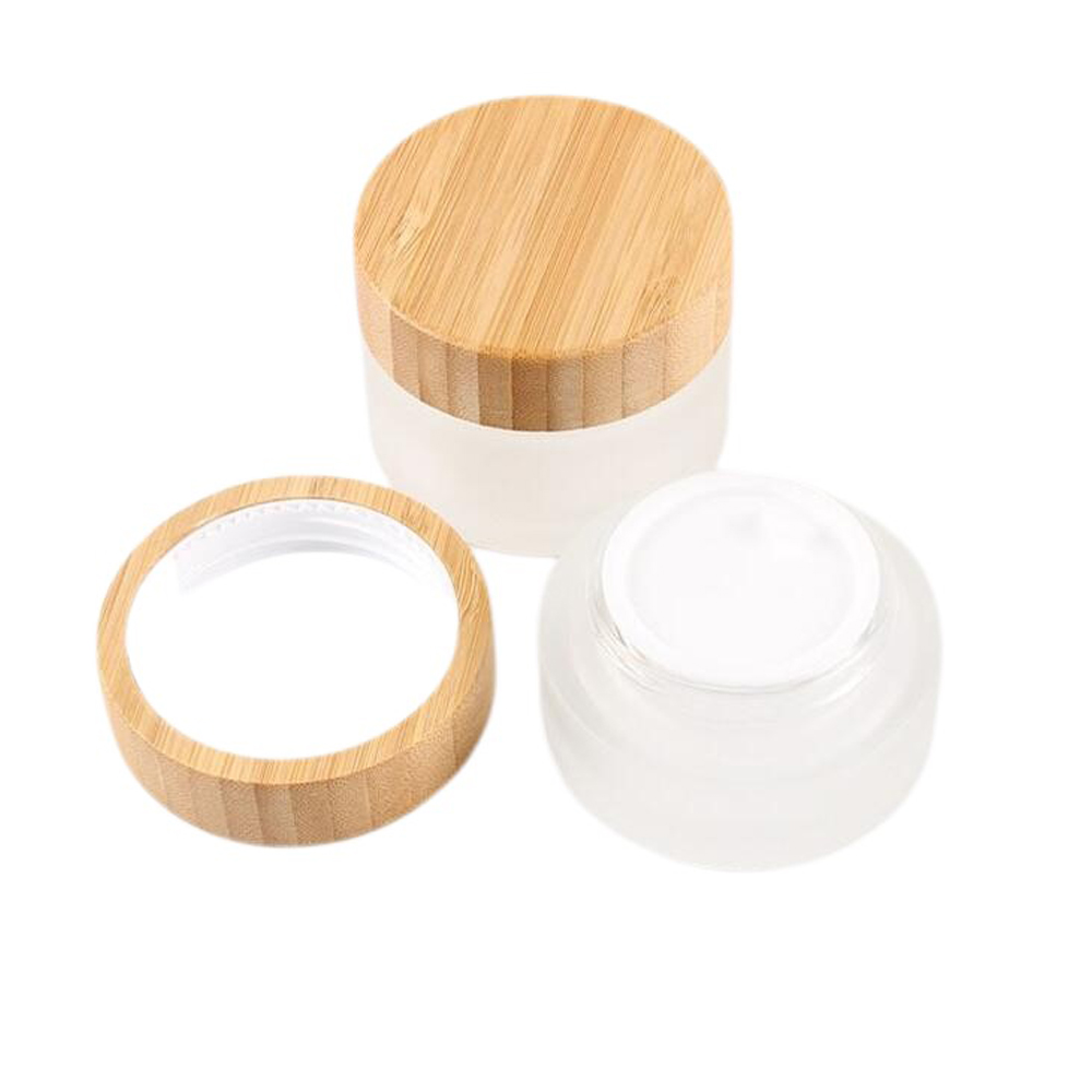 ECO Friendly 30ml 50ml 100ml Frosted Round Glass Cosmetic Container Beauty Bamboo Lid