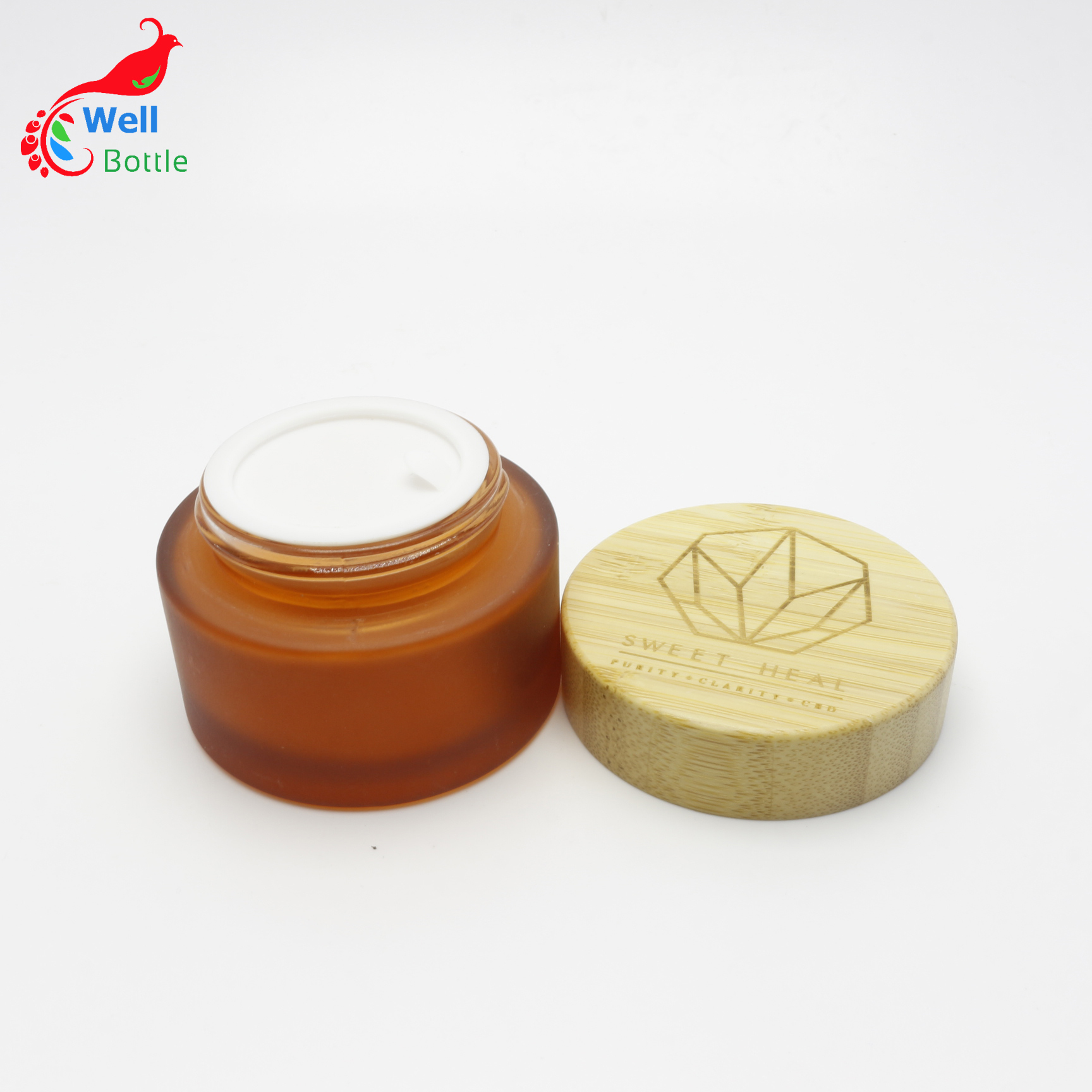 ECO-friendly bamboo lid Cosmetic jar 50ml frosted amber glass jar for makeup package J124E