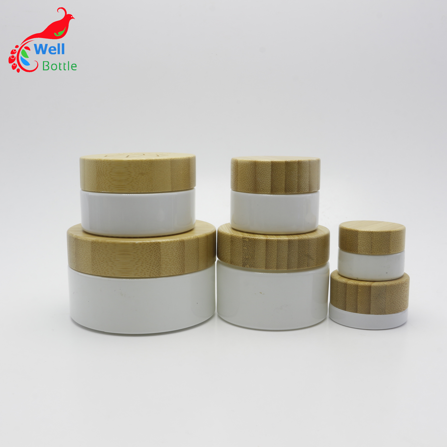 ECO friendly cylinder shape 5g 10g 15g 30g 50g 100g 150g 200g engraving logo glass cosmetics cream jar bamboo wood lid J003E