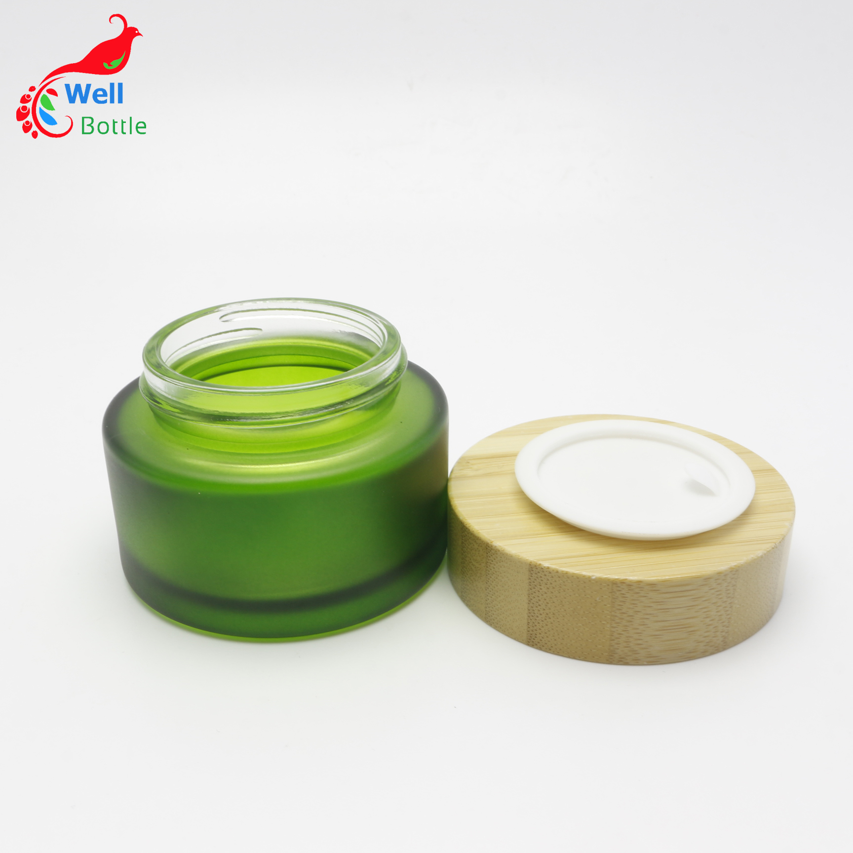 ECO-friendly frosted green glass cream jar 50ml with bamboo wooden lid unique products  J122E