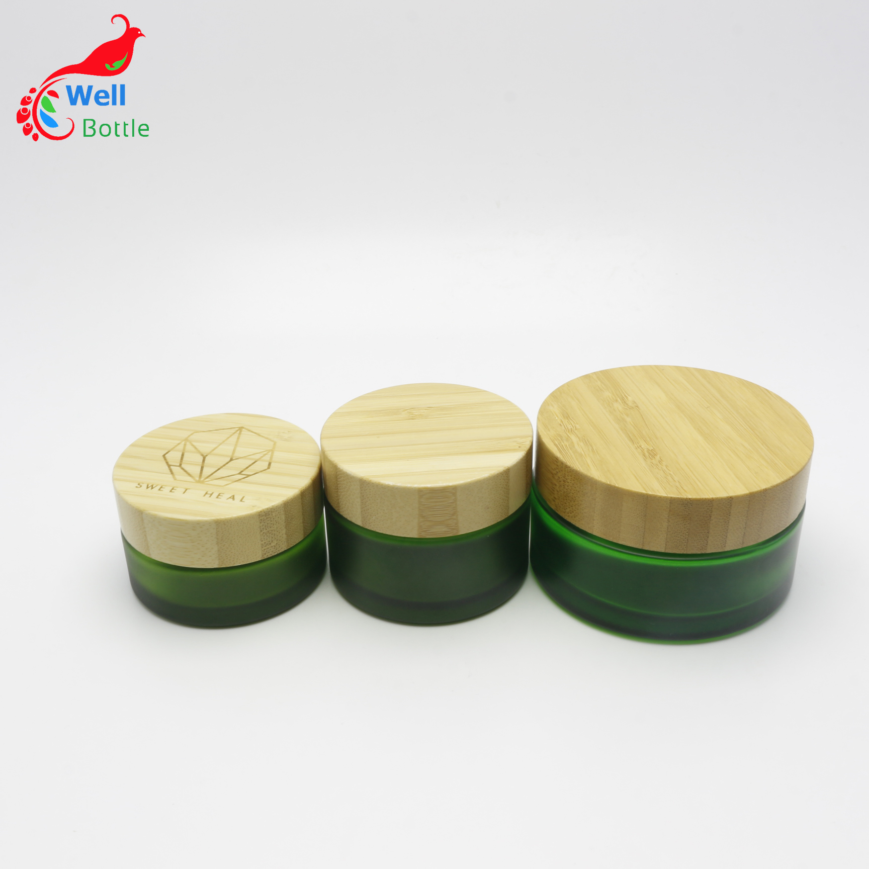 ECO-friendly frosted green glass cream jar 50ml with bamboo wooden lid unique products J122E