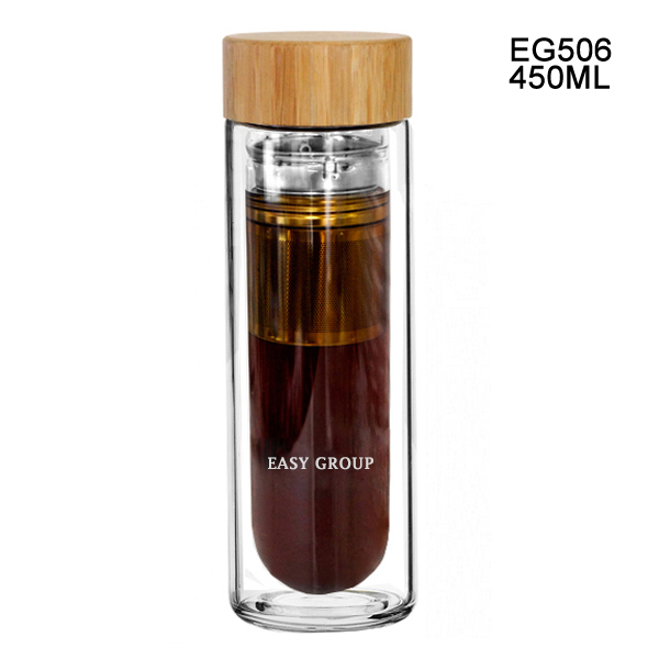 EG600A/B 600ML/20OZ Single wall bamboo lid with portable rope glass water bottle with tea infuser