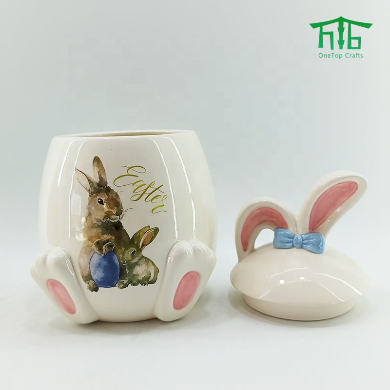 Easter Bunny Shape Ceramic Cookie Jar Bunny Decal Kitchen Canister Sets for Easter party