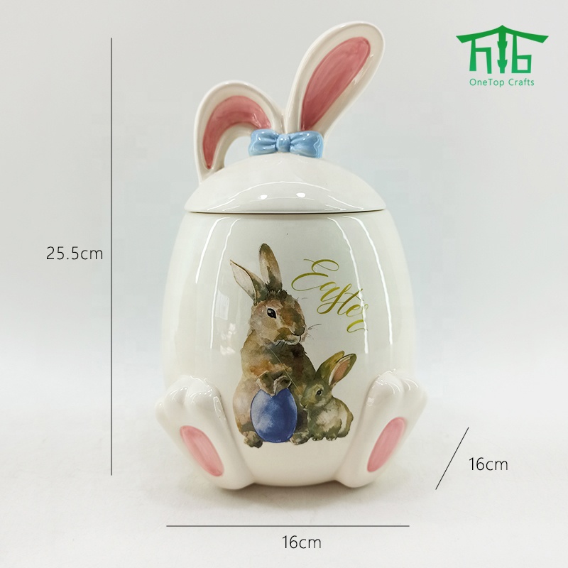 Easter Bunny Shape Ceramic Cookie Jar Bunny Decal Kitchen Canister Sets for Easter party