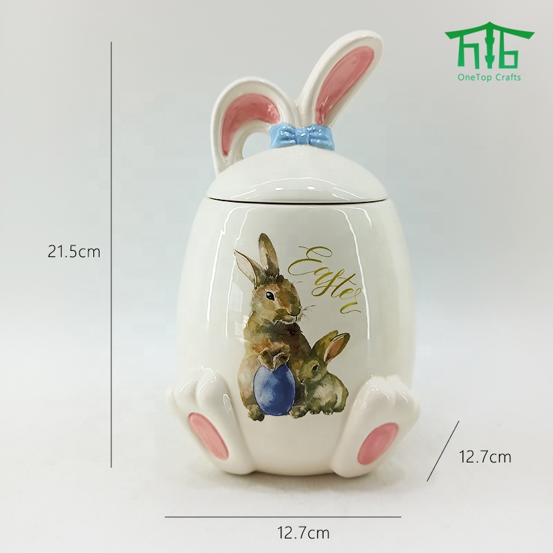 Easter Bunny Shape Ceramic Cookie Jar Bunny Decal Kitchen Canister Sets for Easter party