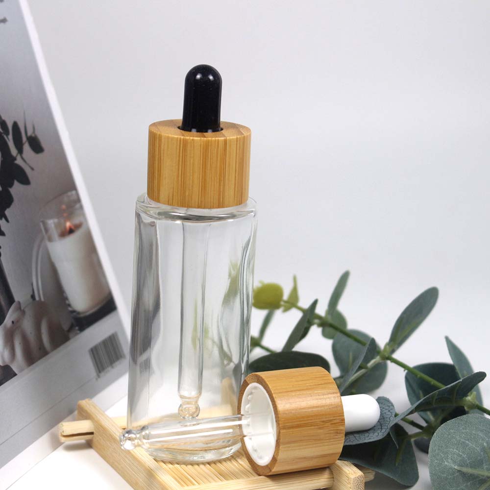 Eco Friendly Bamboo Cover clear Glass Dropper Bottle Cosmetic Pipette Essential Oil Empty Packaging Container 50ml